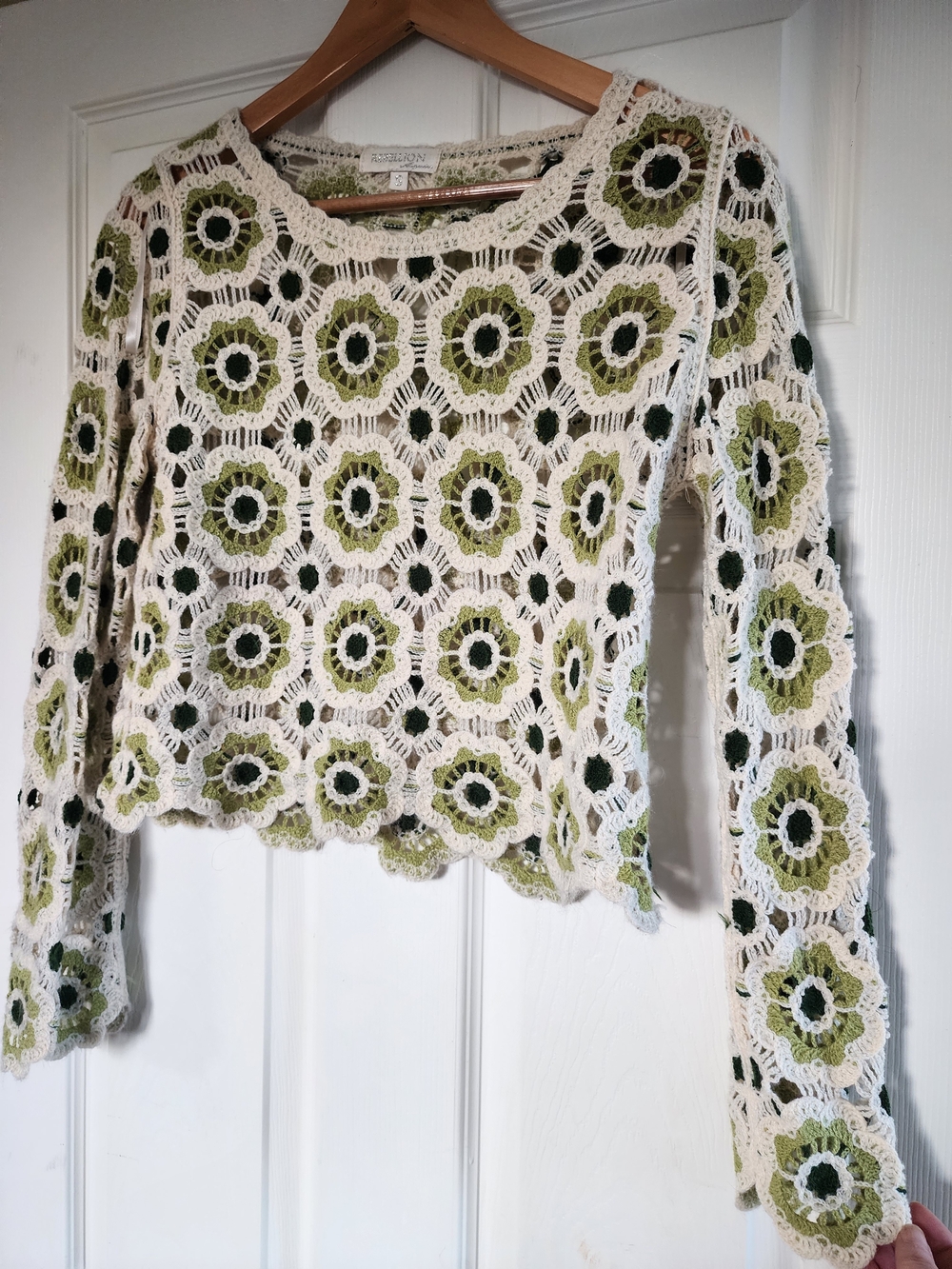 Rebellion White Crochet Floral Long-Sleeve Top with Green Accents